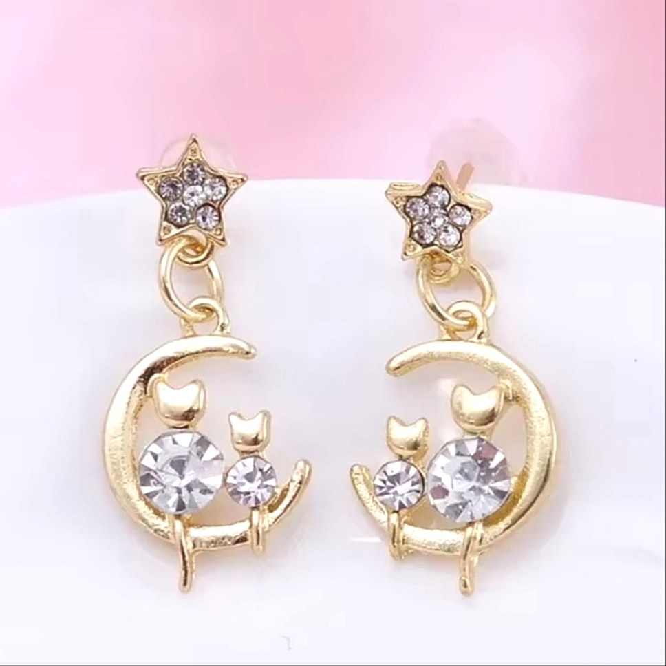 Gold Crystal Cat Kitten Moon Drop Earrings With Silver Post